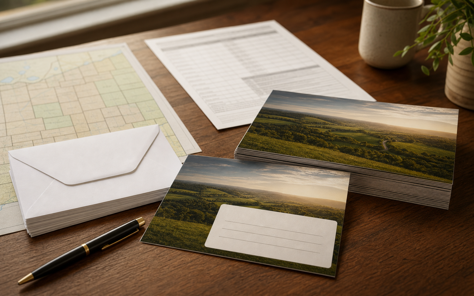 Postcards, county map, and count review sheet on a mailing workbench